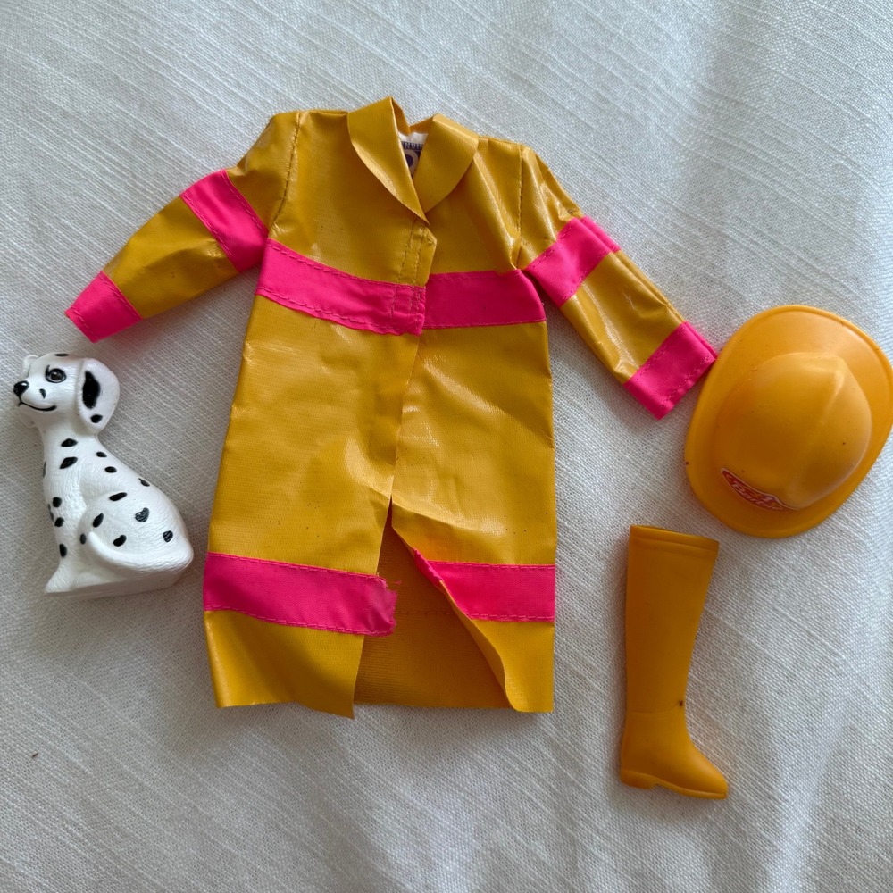 Vintage Genuine Barbie Firefighter Outfit Yellow Raincoat Hat Dalmatian Dog Set